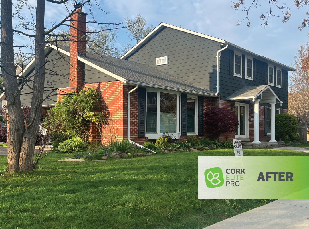 Before and after images of a house showcasing renovations and improvements in exterior design with cork spray application.