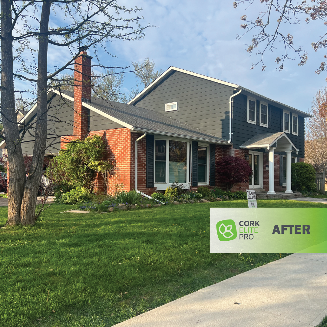 Before and after images of a house showcasing renovations and improvements in exterior design with cork spray application.