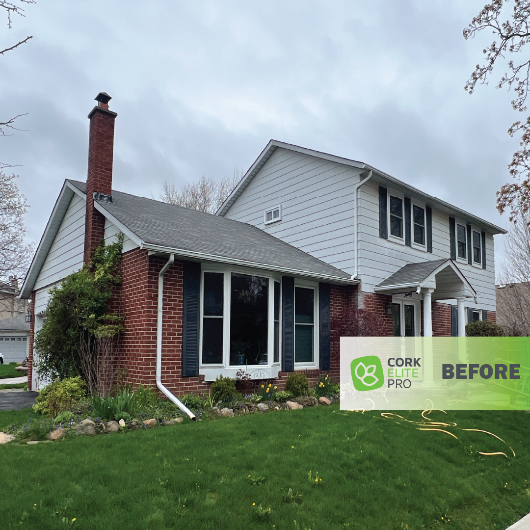 Before and after images of a house showcasing renovations and improvements in exterior design with cork spray application.