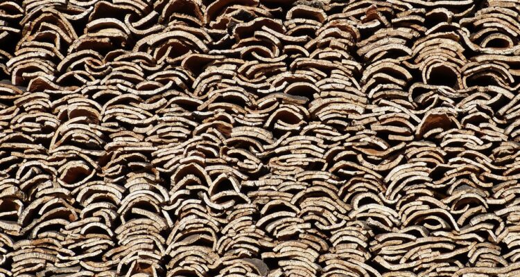 A neatly stacked pile of cork bark arranged in a natural setting, showcasing their texture and color.