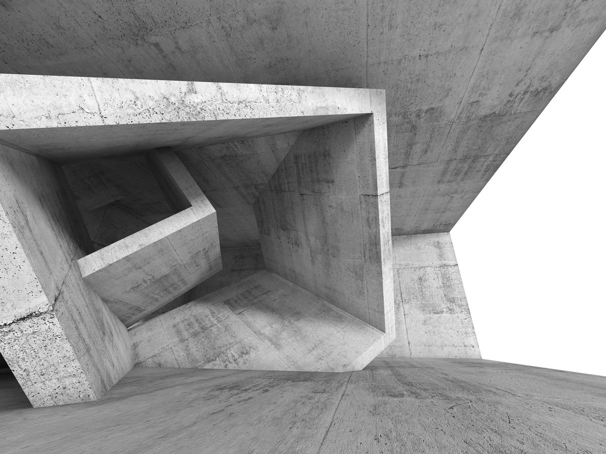 Abstract concrete architecture depicted in a 3D render, emphasizing striking shapes and a modern aesthetic.