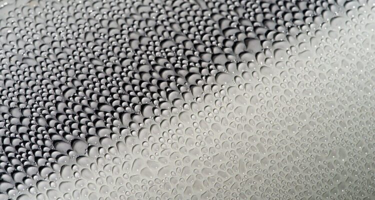 Water droplets glisten on a smooth glass surface, creating a visually appealing texture and reflecting light.