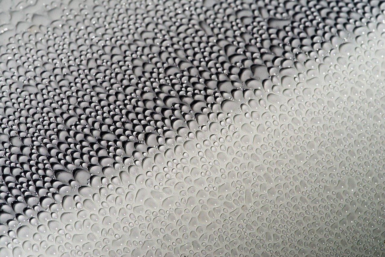 Water droplets glisten on a smooth glass surface, creating a visually appealing texture and reflecting light.