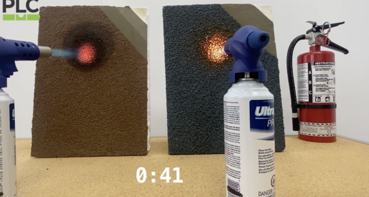 A fire test is being performed on two surfaces to show the benefits of cork spray.